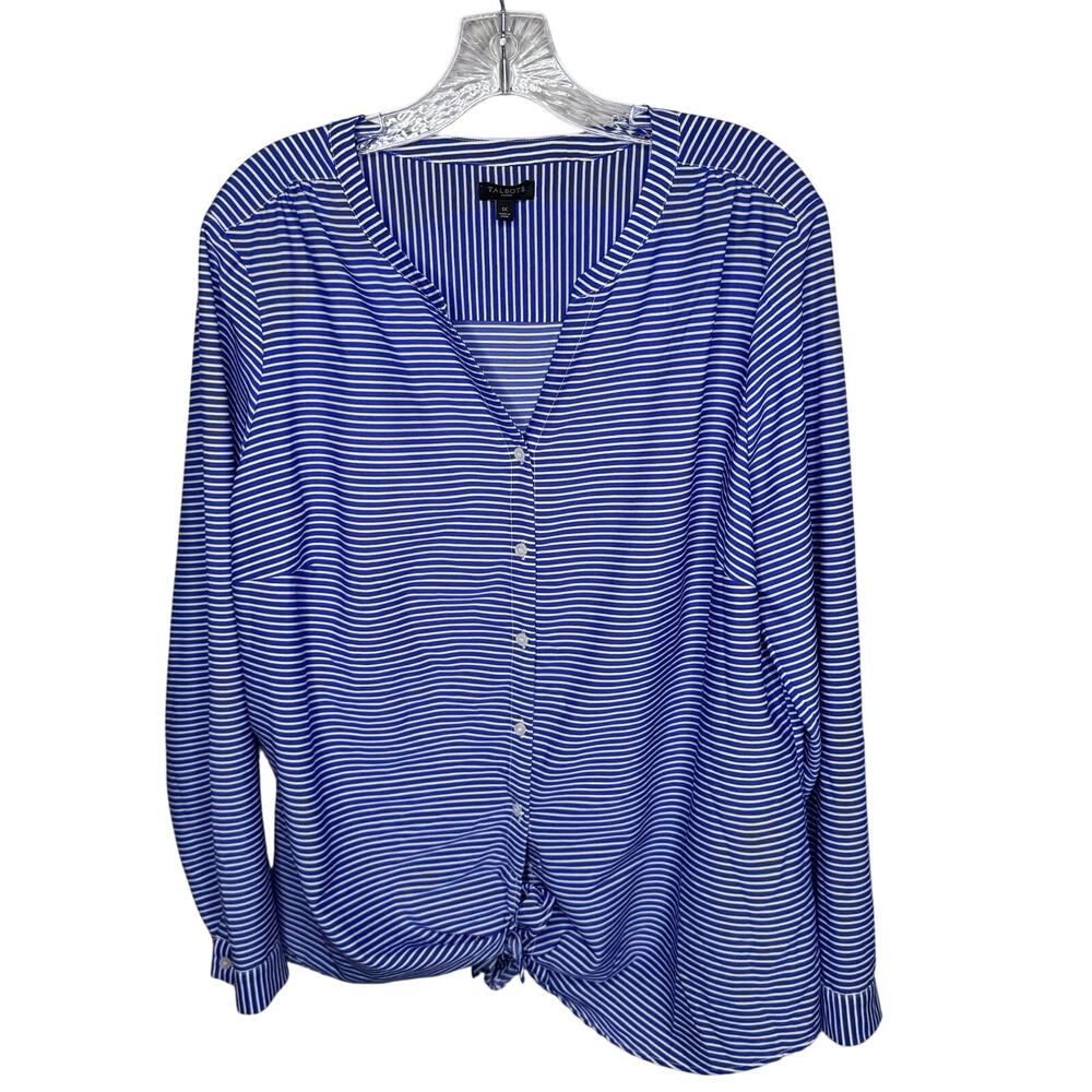 Talbots Woman 1X Blue‎ White Striped Button Front Tie Hem Blouse Long Sleeve